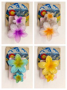 2pc Ombre Large Plumeria Frangipani Tropical Flower Hair Clip Set